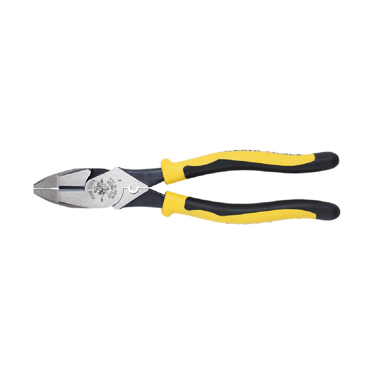 Klein Tools high-leverage side-cutting lineman's pliers with yellow and black Journeyman grips — the dual-material-grip sibling of the plain-dipped D213-9NE