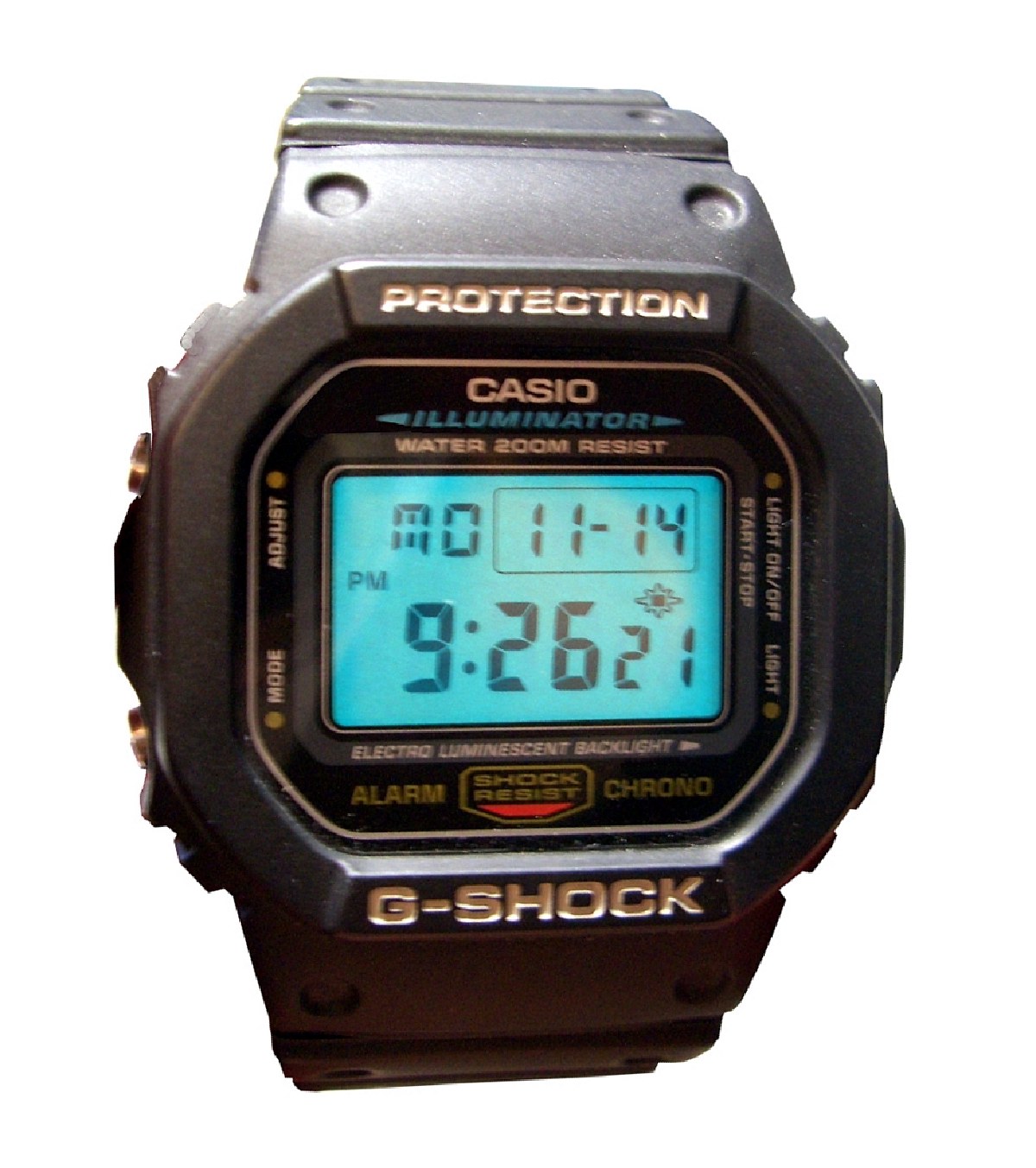 Casio G-Shock DW-5600E with black resin square case, showing the digital display with time, date, and backlight labels